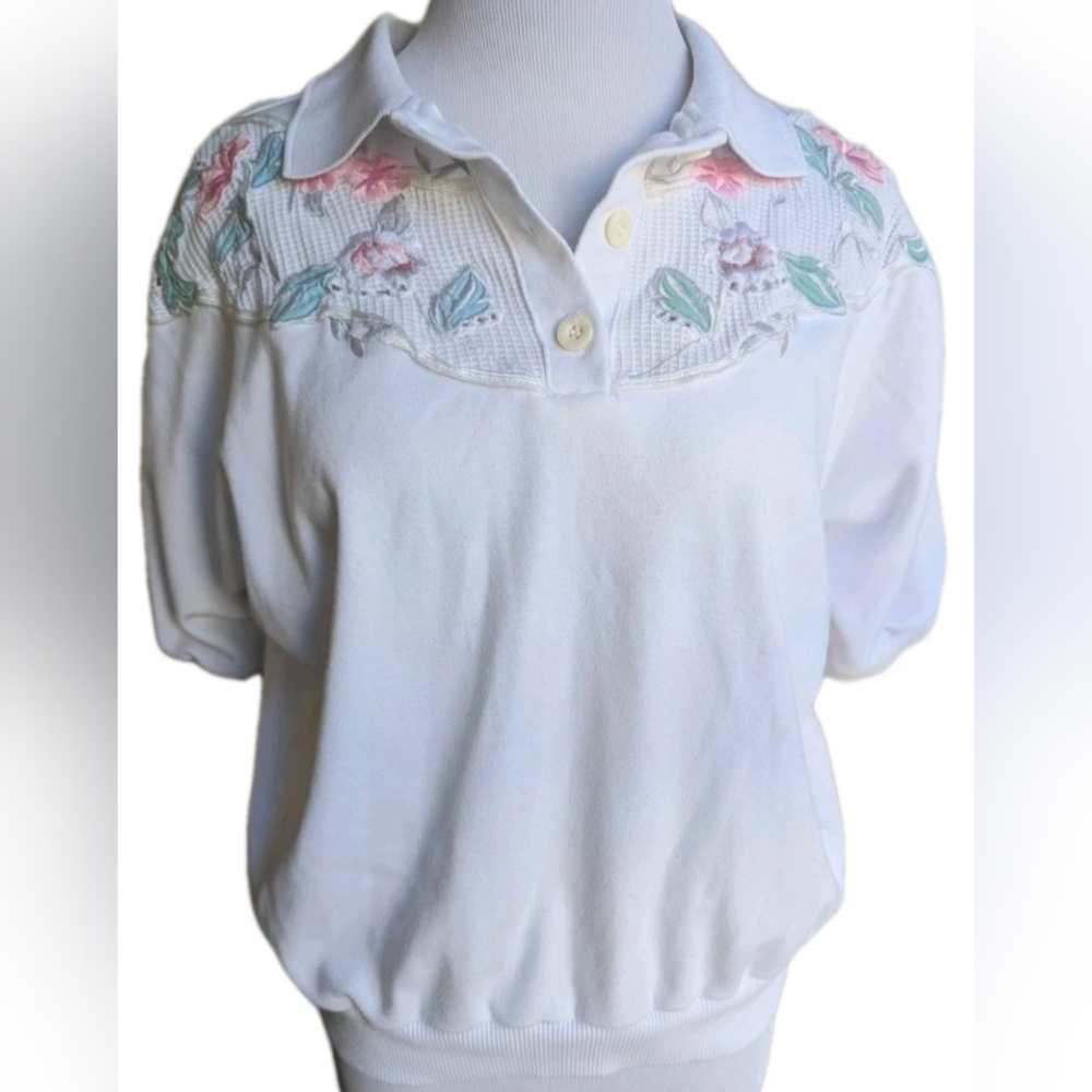 80s Tenniscore Polo Shirt L Floral Embroidered Banded Waist Cottagecore Preppy
